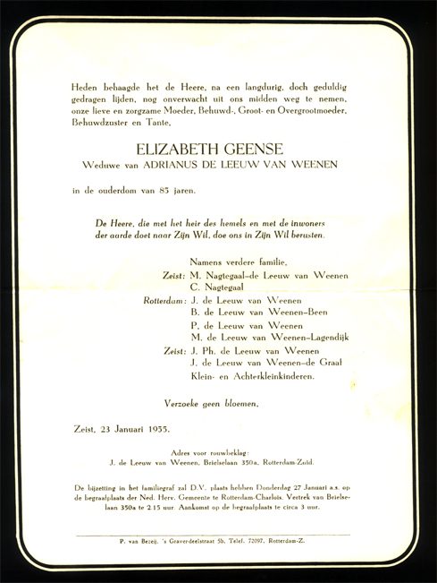 Rouwkaart Elisabeth Geense
