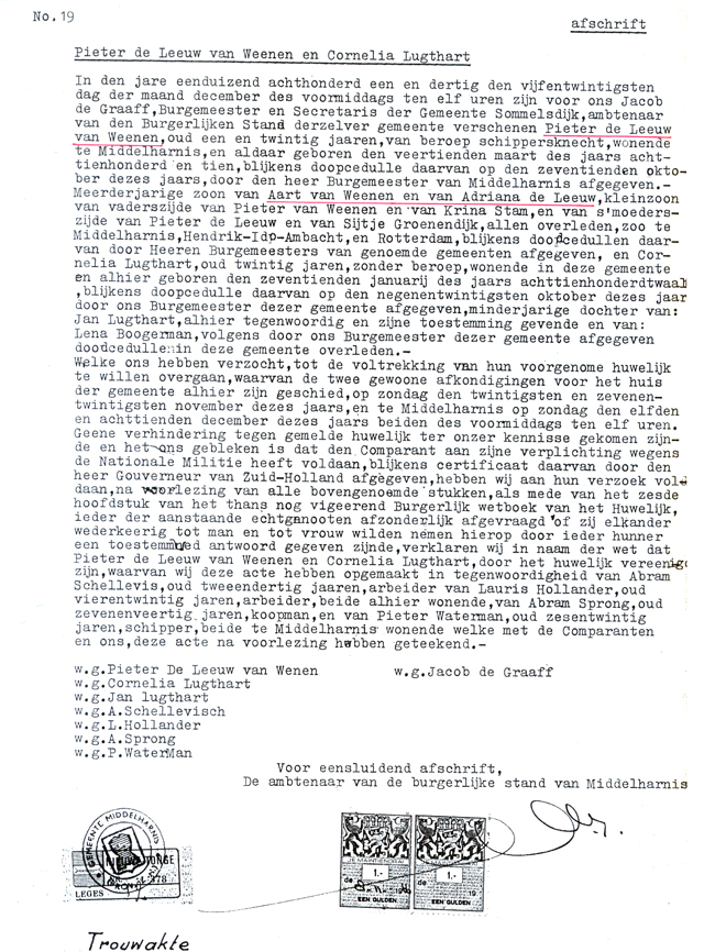 Afschrift van de trouwakte van het huwelijk op 15 december 1831 tussen Pieter de Leeuw van WEenen en Cornelia Lugthart. Document uit het familiearchief van Cornelis*1931.